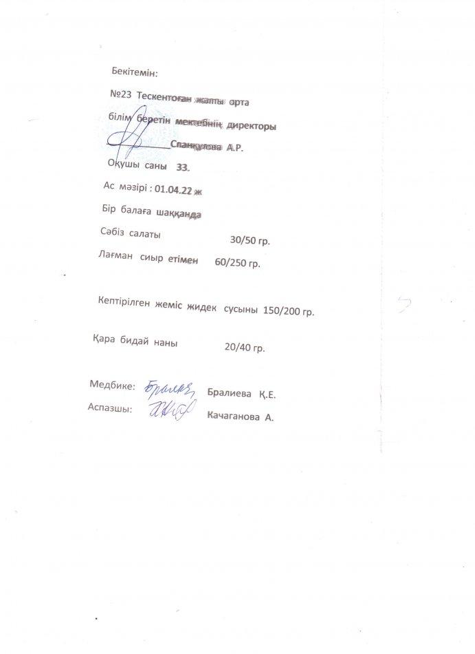 № 23 Тескентоған жалпы орта білім беретін мектебінде 1.04. күнгі ас мәзірі