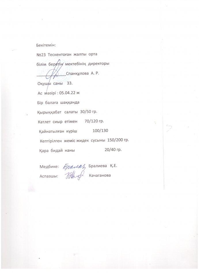 № 23 Тескентоған жалпы орта білім беретін мектебінде 05.04. күнгі ас мәзірі
