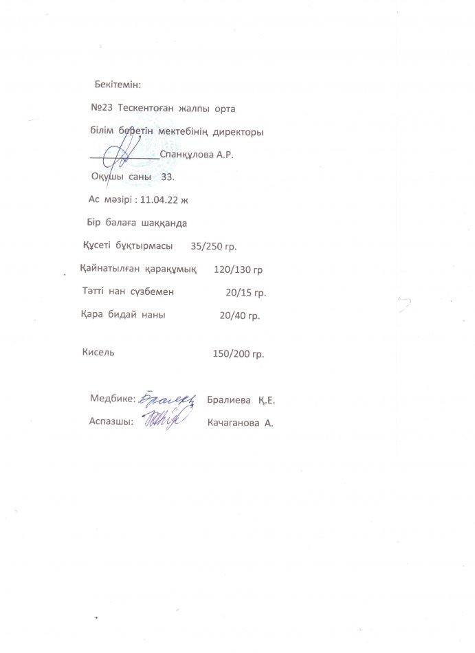 №23 Тескентоған жалпы орта білім беретін мектебі 11.04. күнгі ас мәзірі