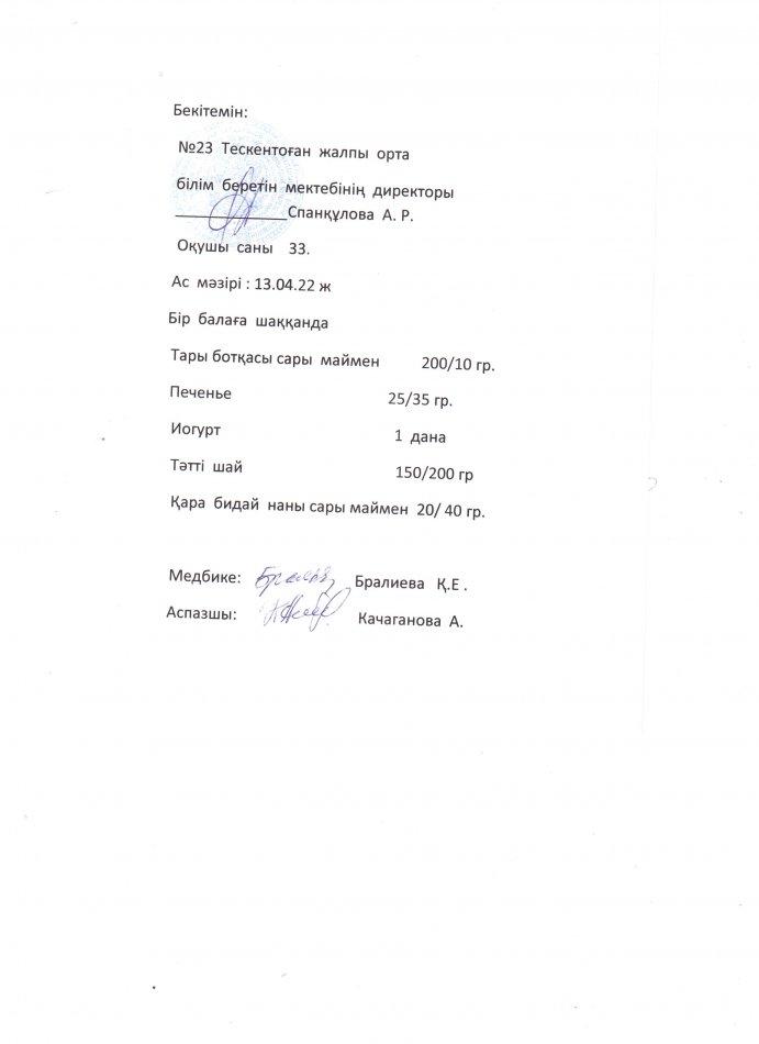 №23 Тескентоған жалпы орта білім беретін мектебі 13.04. күнгі ас мәзірі