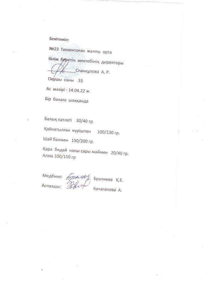 №23 Тескентоған жалпы орта білім беретін мектебі 13.04. күнгі ас мәзірі