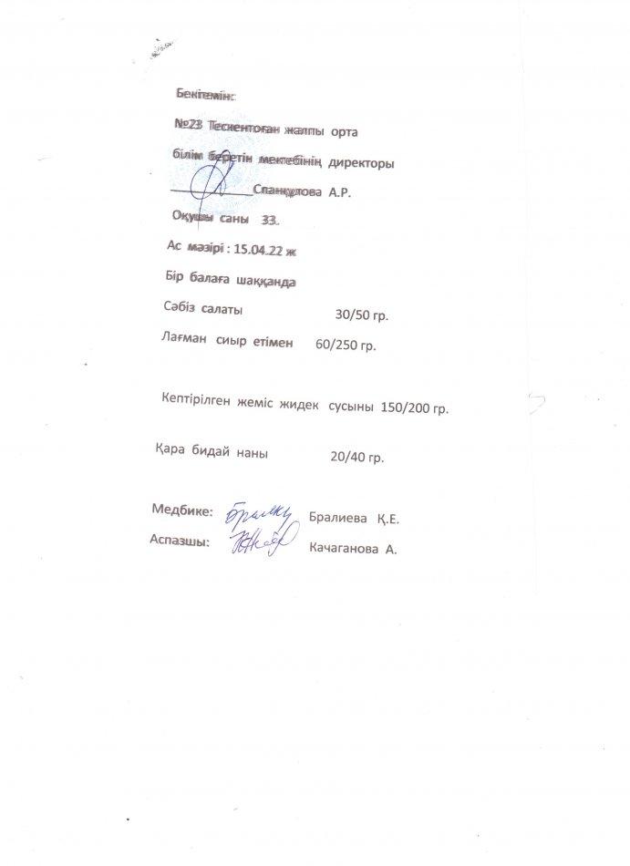 №23 Тескентоған жалпы орта білім беретін мектебі 15.04 күнгі ас мәзірі