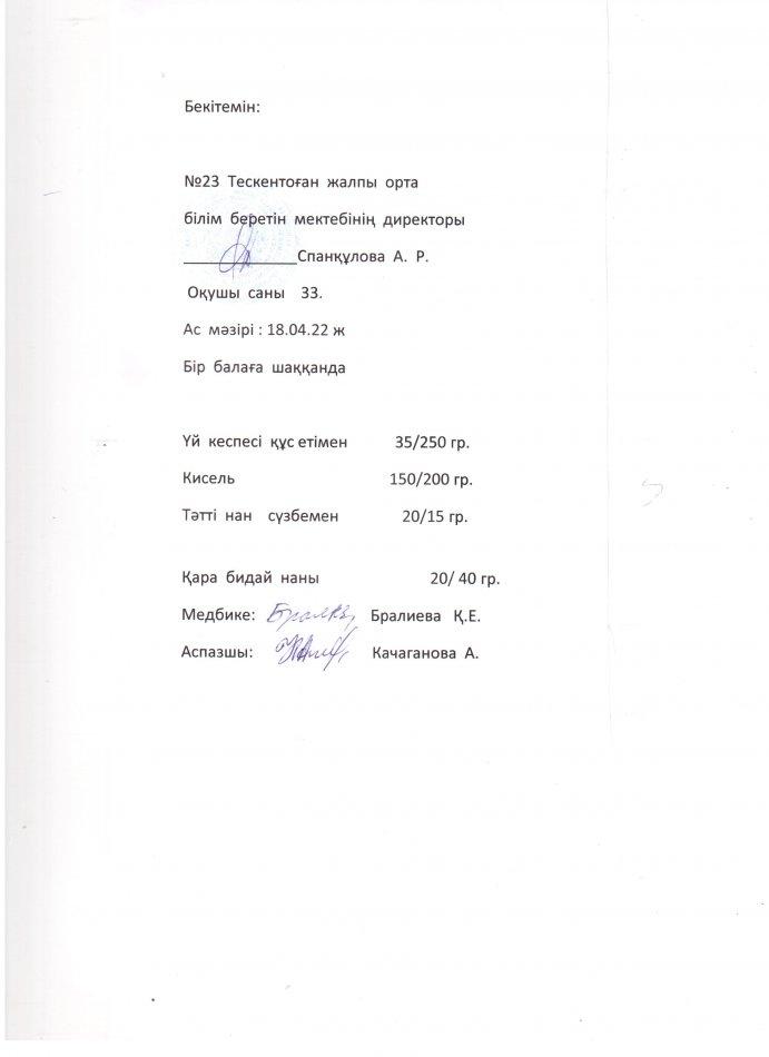 №23 Тескентоған жалпы орта білім беретін мектебі 18.04 күнгі ас мәзірі