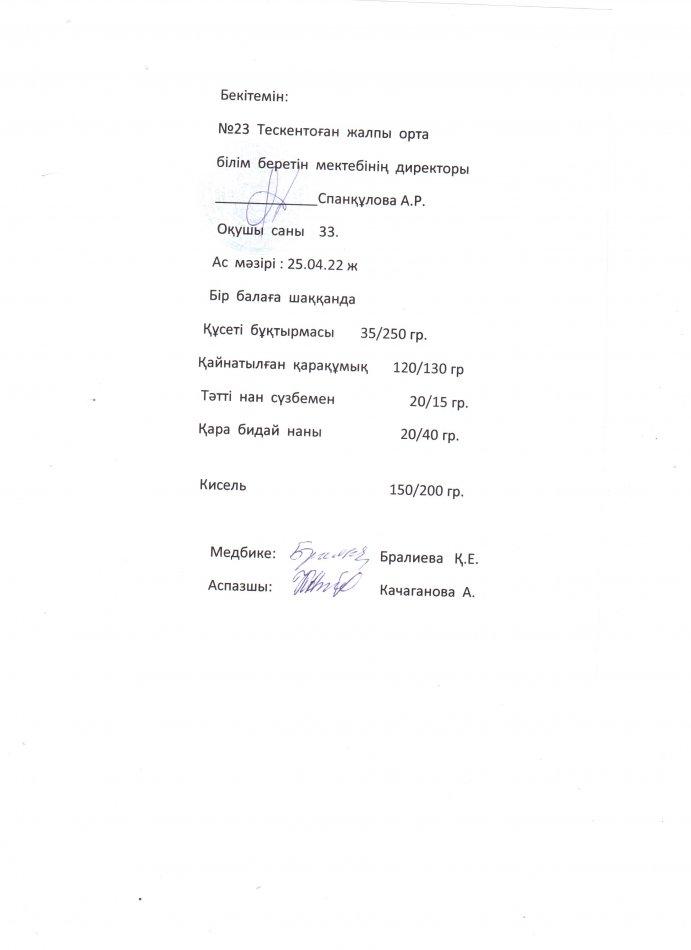 №23 Тескентоған жалпы орта білім беретін мектектебінде 25.04 күнгі ас мәзірі