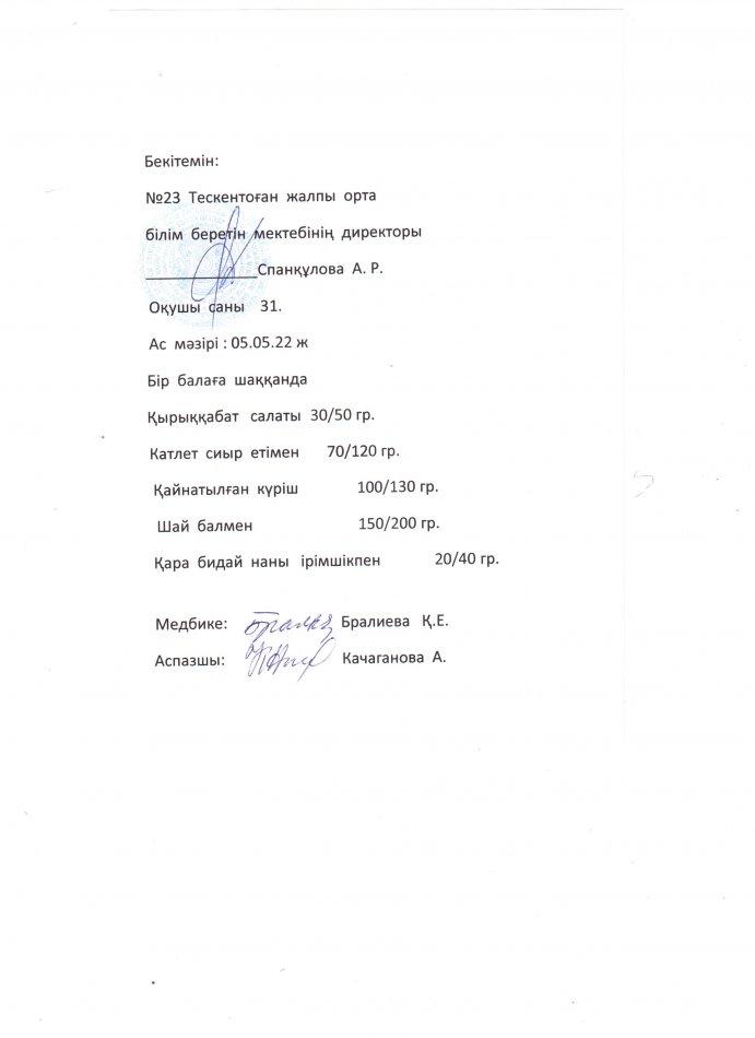 №23 Тескентоған жалпы орта білім беретін мектебі 05.05 күнгі ас мәзірі