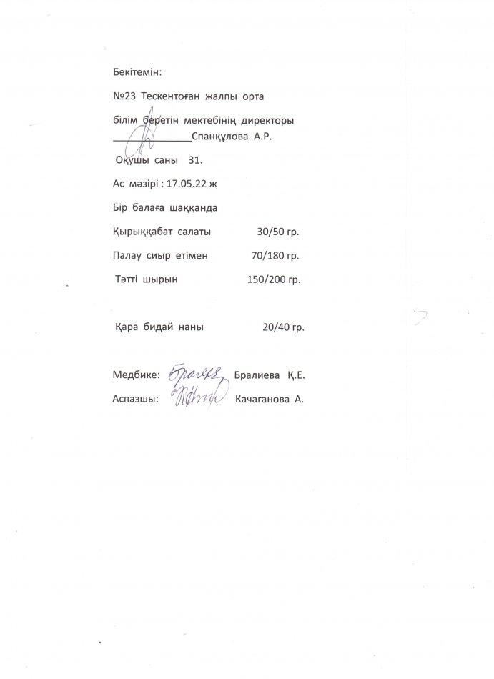 № 23 Тескентоған жалпы  орта  білім беретін мектебінде 12. 05 күнгі ас мәзірі