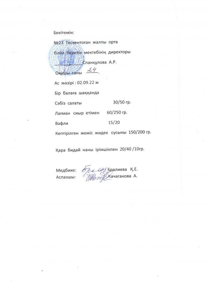 №23 Тескентоған жалпы орта білім беретін мектебінде 02,09 күнгі ас мәзірі