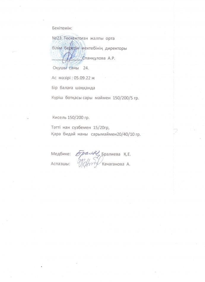 №23 Тескентоған жалпы орта білім беретін мектебінде 05.09 күнгі ас мәзірі