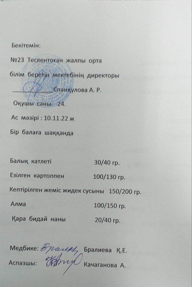 №23 Тескентоған ЖОББ мектебінде 10.11 күнгі ас мәзірі