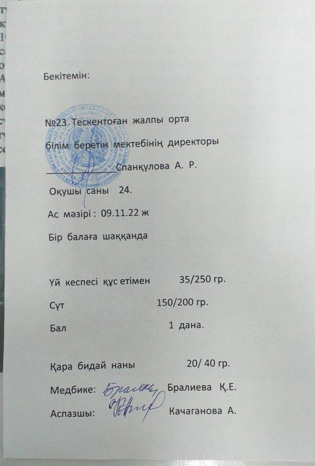№23 Тескентоған ЖОББ мектебінде  09.11 күнгі ас мәзірі