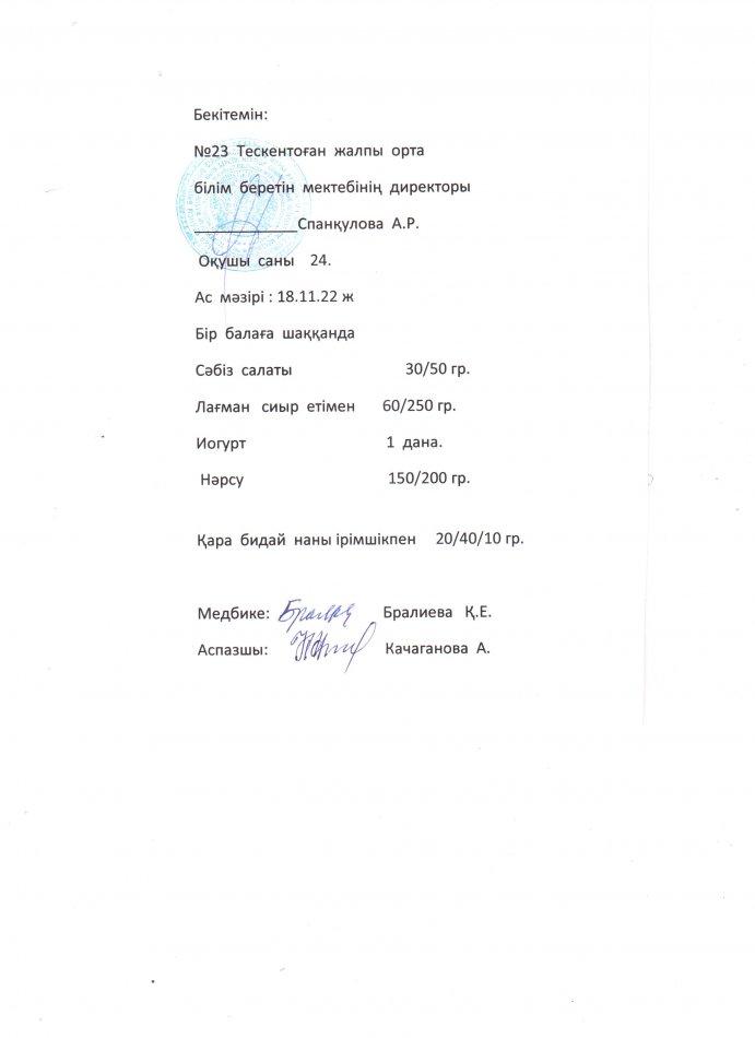 №23 Тескентоған жоббмектебінде 18.11 күнгі ас мәзірі