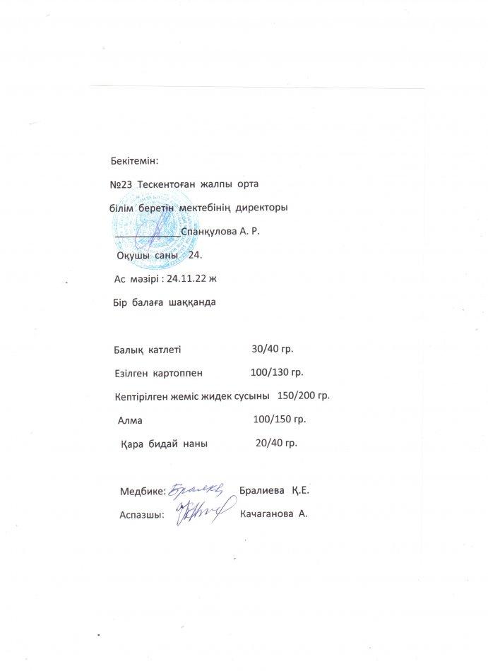 №23 Тескентоған жоббмектебінде 24.11 күнгі ас мәзірі
