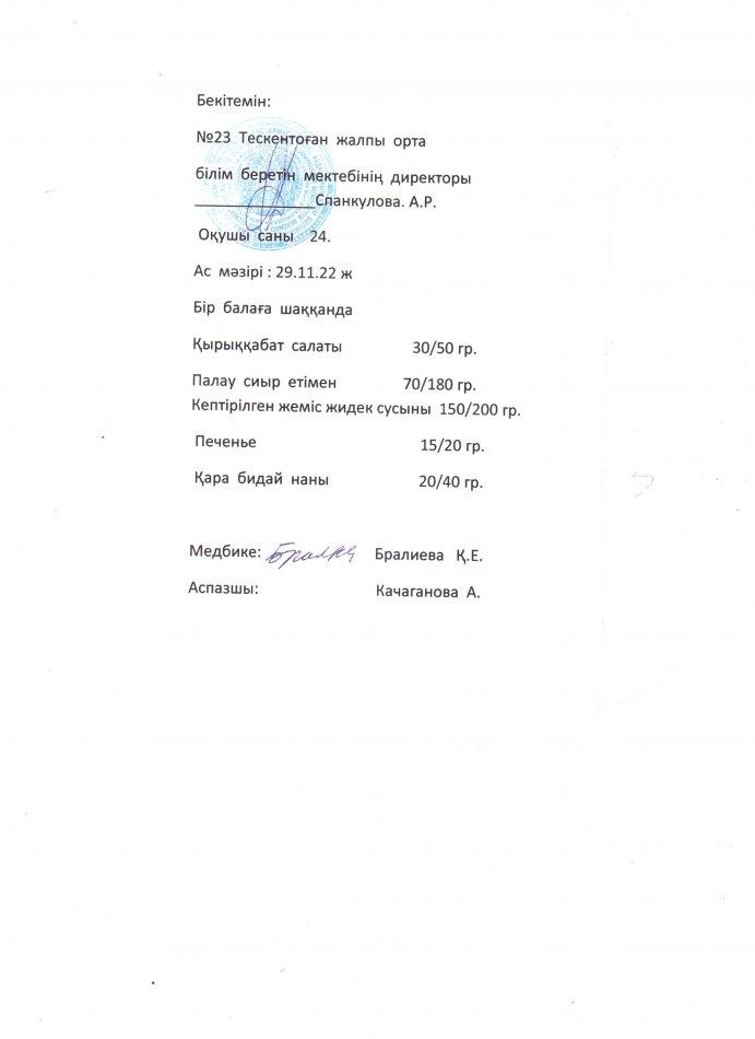 №23 Тескентоған жобб мектебінде 29.11 күнгі ас мәзірі