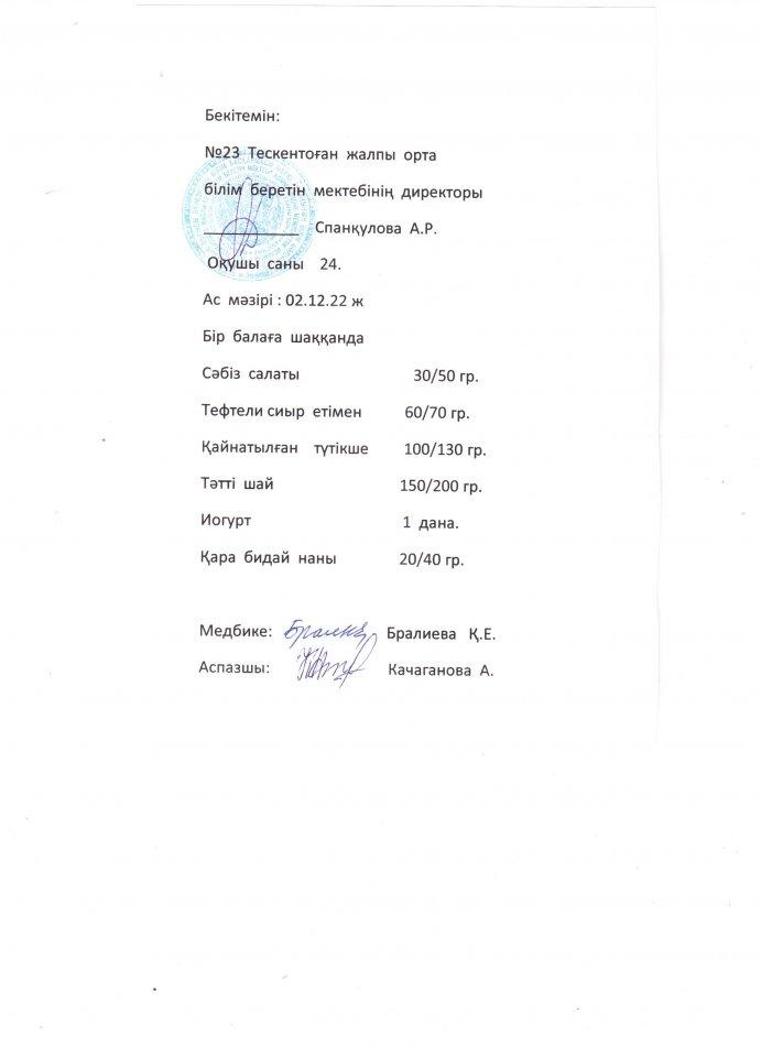 №23 Тескентоған жобб мектебінде 02.12 күнгі ас мәзірі