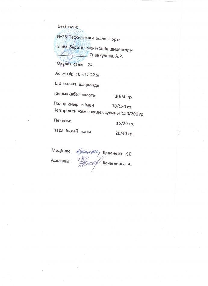 №23 Тескентоған жобб мектебінде  06.12 күнгі ас мәзірі