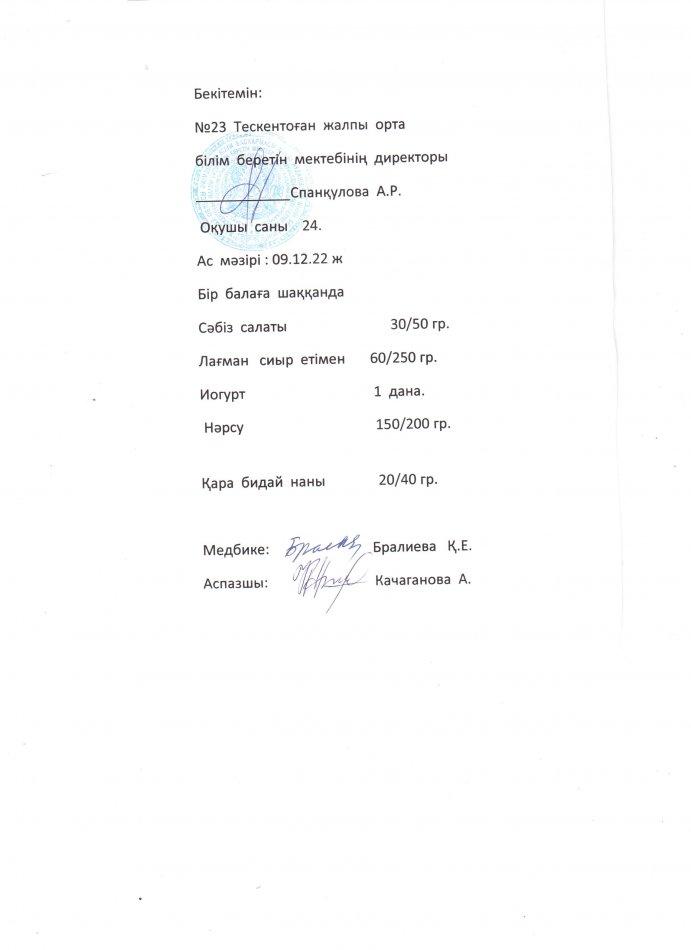 №23 Тескентоған жоббм 09.12 күнгі ас мәзірі