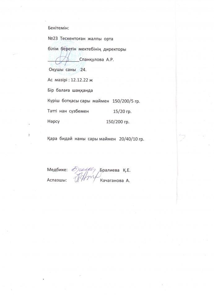 №23 Тескентоған жобб мектебінде12.12 күнгі ас мәзірі