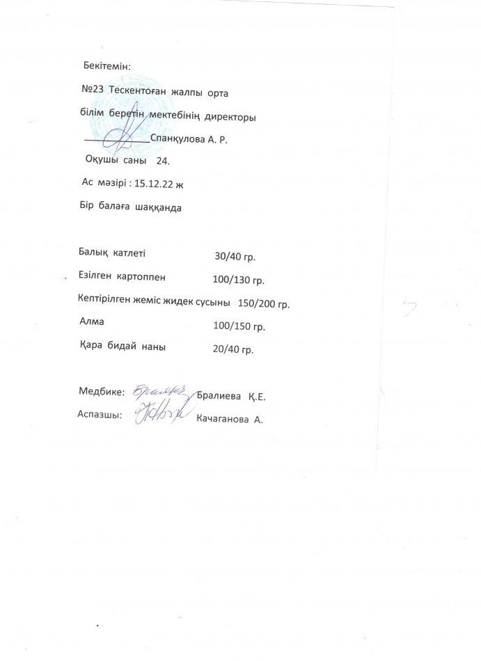 №23 Тескентоған жобб мектебі  15.12 күнгі ас мәзірі