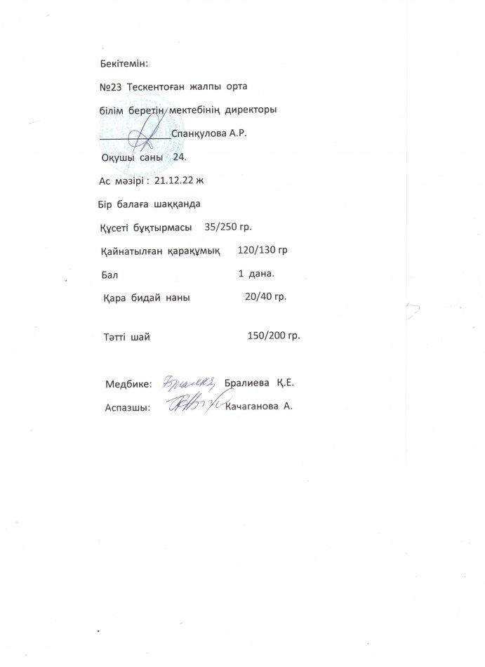 №23 Тескентоған жобб мектебінде 21.12 күнгі ас мәзірі