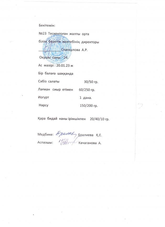 №23 Тескентоған жобб мектебін  20.01 күнгі  ас мәзірі