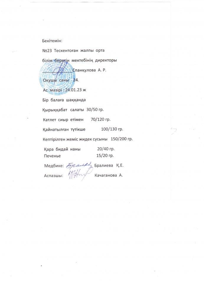 №23 Тескентоған жобб мектебі  24.01 күнгі ас мәзірі