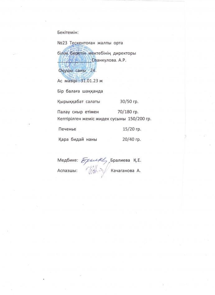 №23 Тескентоған жобб мектебінде 31.01 күнгі ас мәзірі