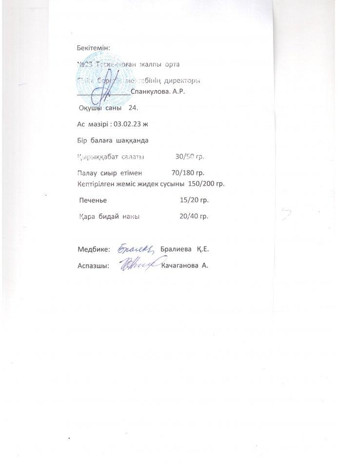 №23 Тескентоған жобб мектебінде 03.02 күнгі ас мәзірі