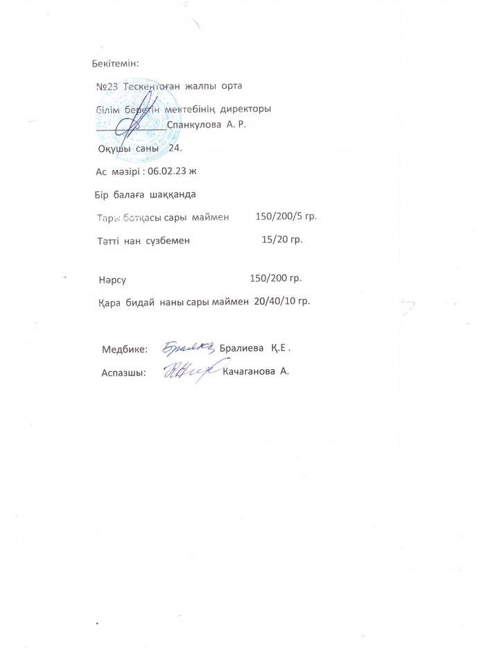 №23 Тескентоған жобб мектебінде 06.02 күнгі ас мәзірі