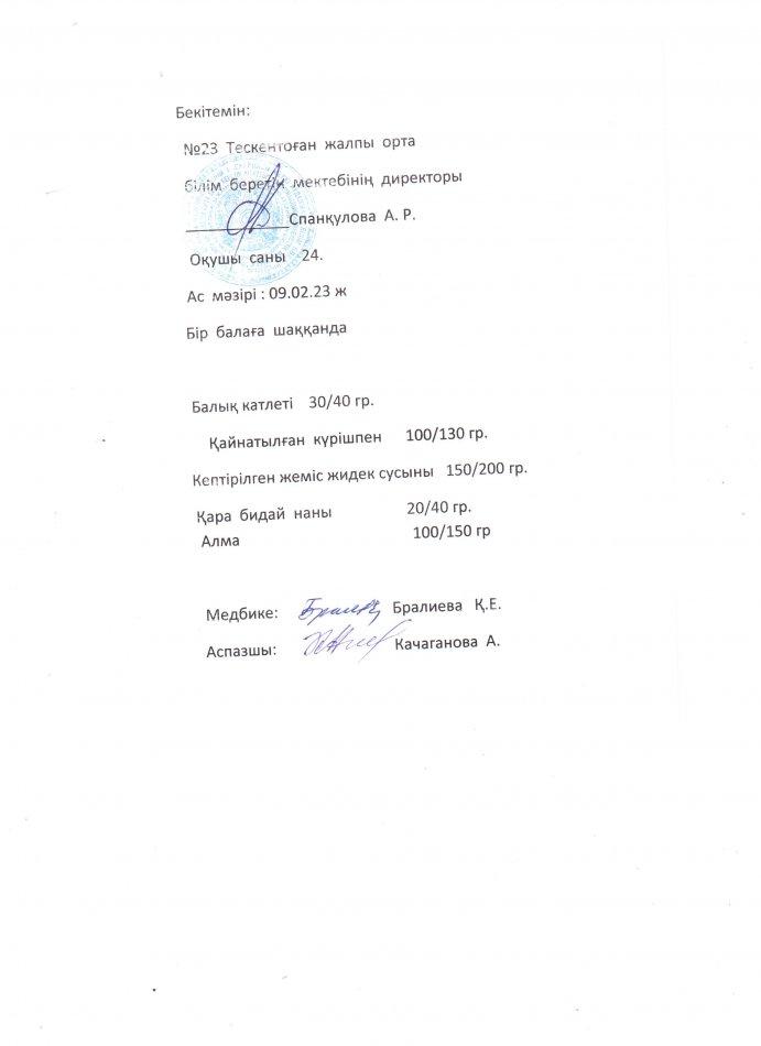 №23 Тескентоған жобб мектебінде 09.02 күнгі ас мәзірі