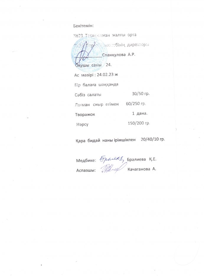 №23 Тескентоған жобб мектебінде 24.02 күнгі ас мәзірі