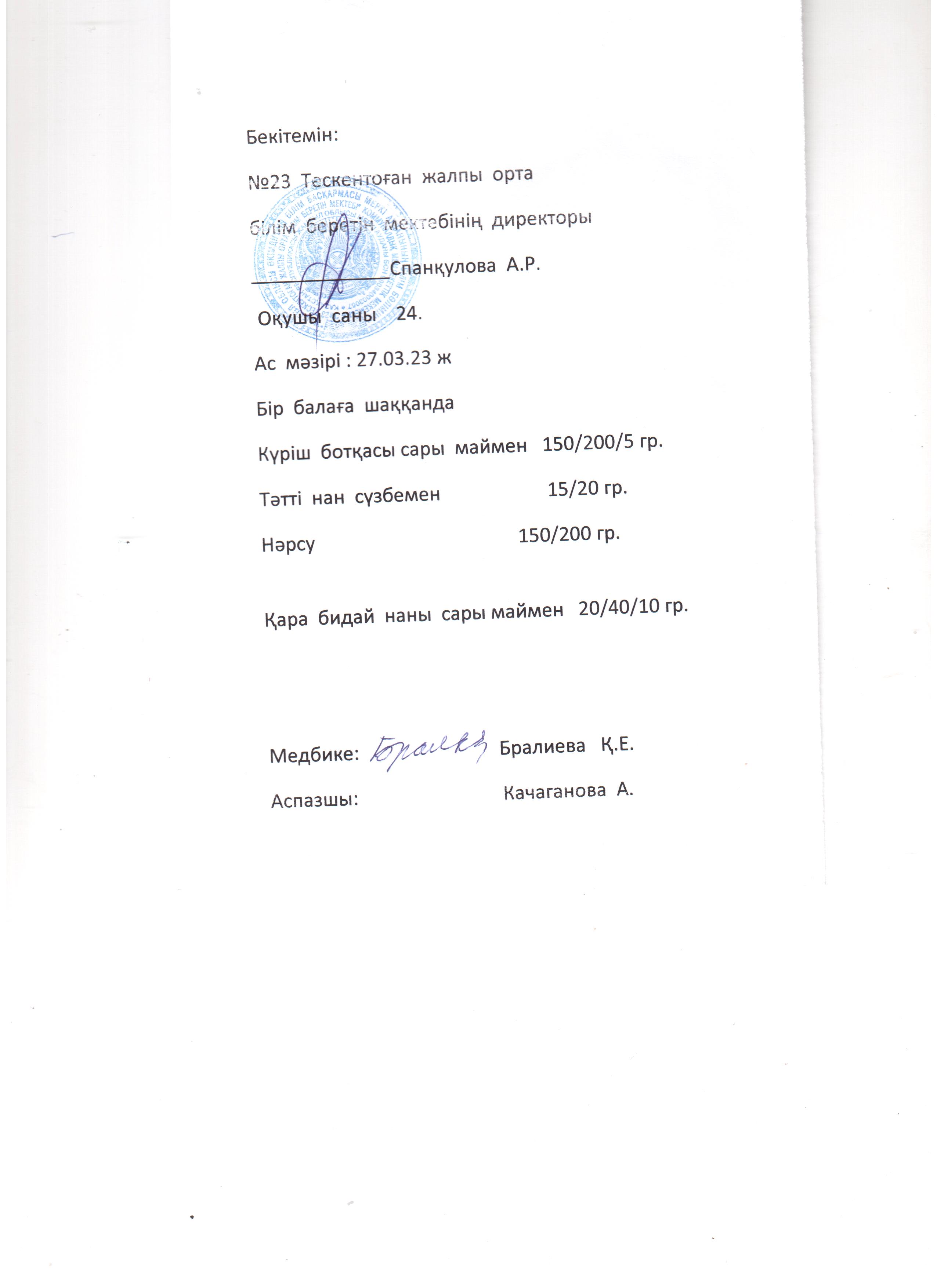 №23 Тескентоған жобб мектебінде 27.0 күнгі ас мәзірі