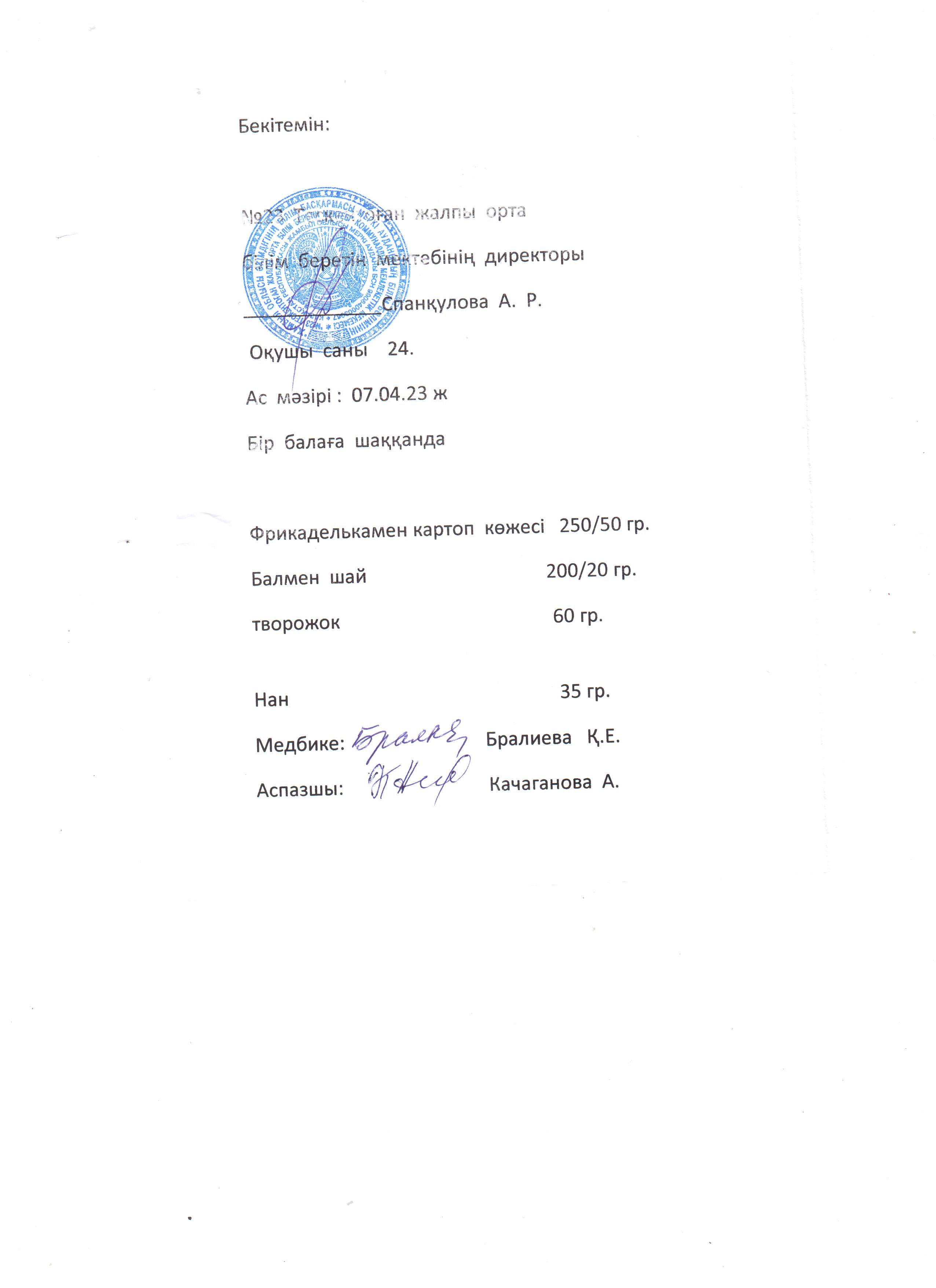 №23 Тескентоған жобб мектебінде 07.04 күнгі ас мәзірі