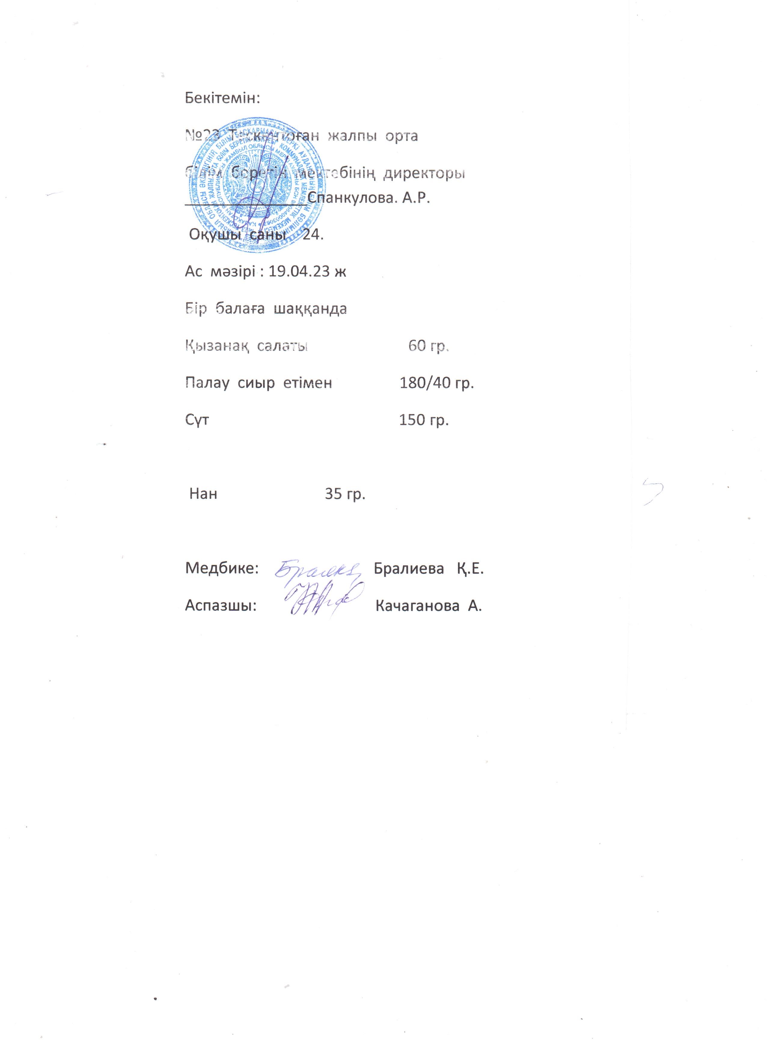 №23 Тескентоған жобб мектебінде 19.04 күнгі ас мәзірі