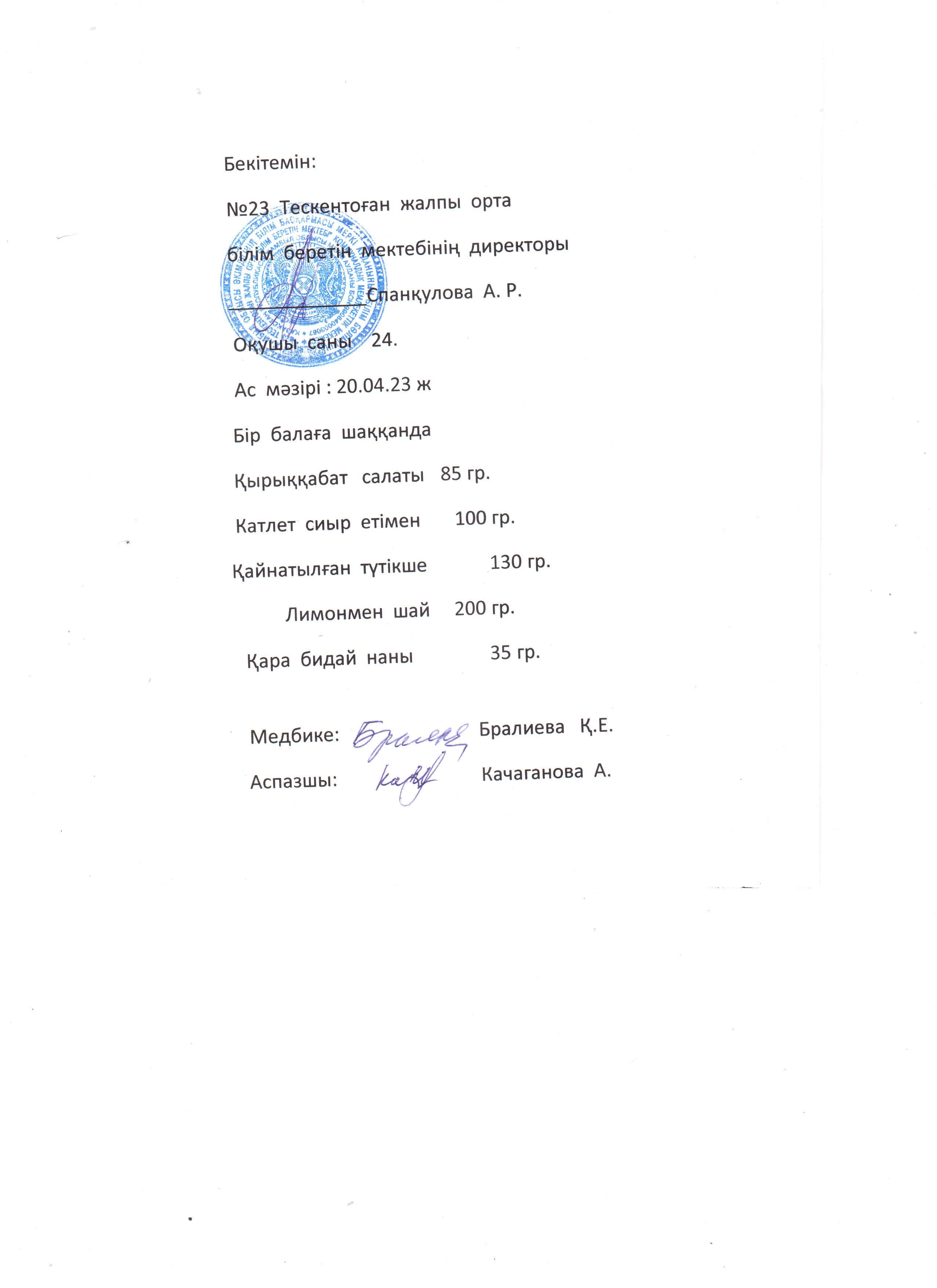 №23 Тескентоған жобб мектебінде 20.04 ткүнгі ас мәзірі