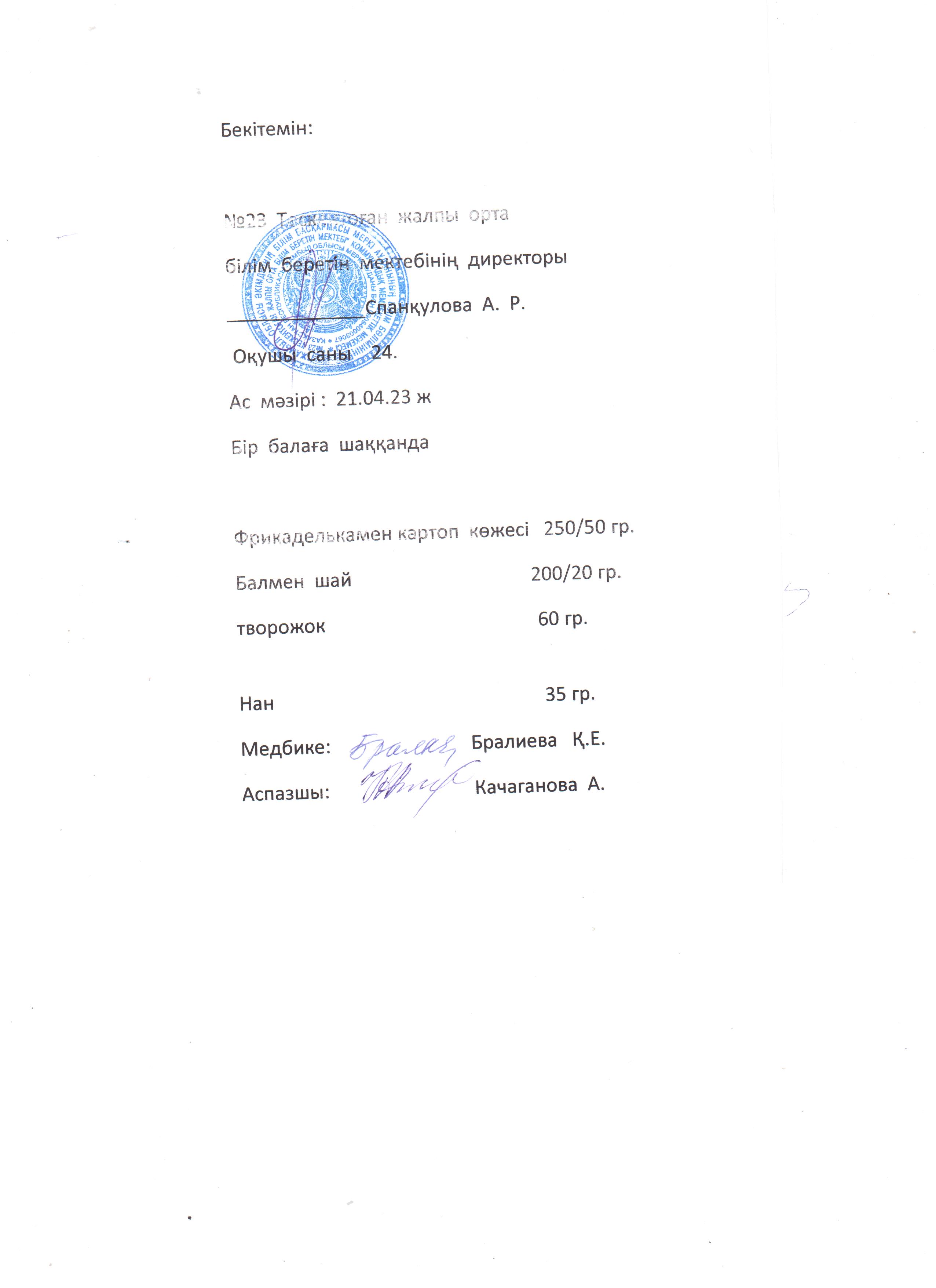 №23 Тескентоған жобб мектебінде 21.04 күнгі ас мәзірі