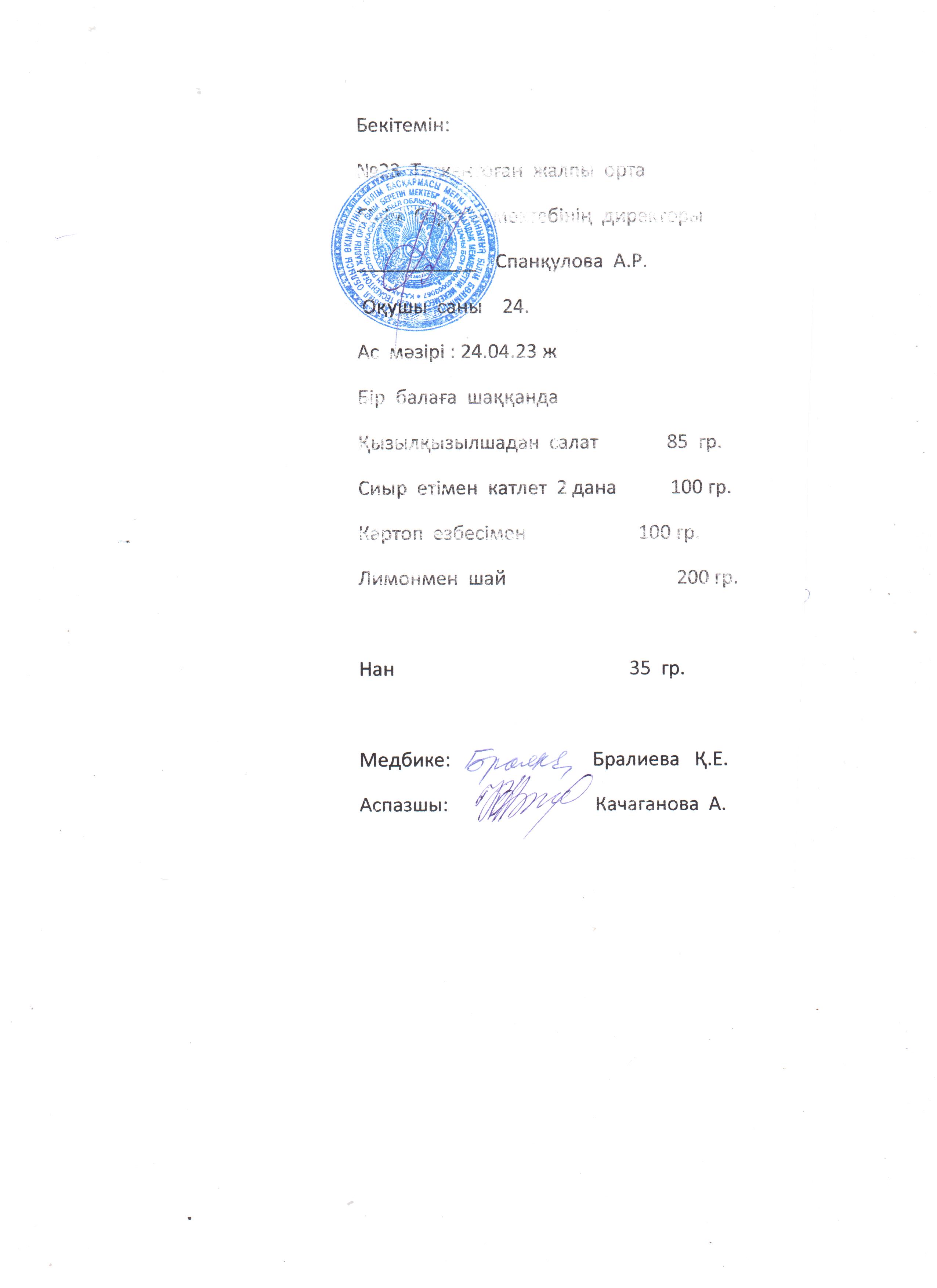 №23 Тескентоған жобб мектебінде 24.04 күнгі ас мәзірі