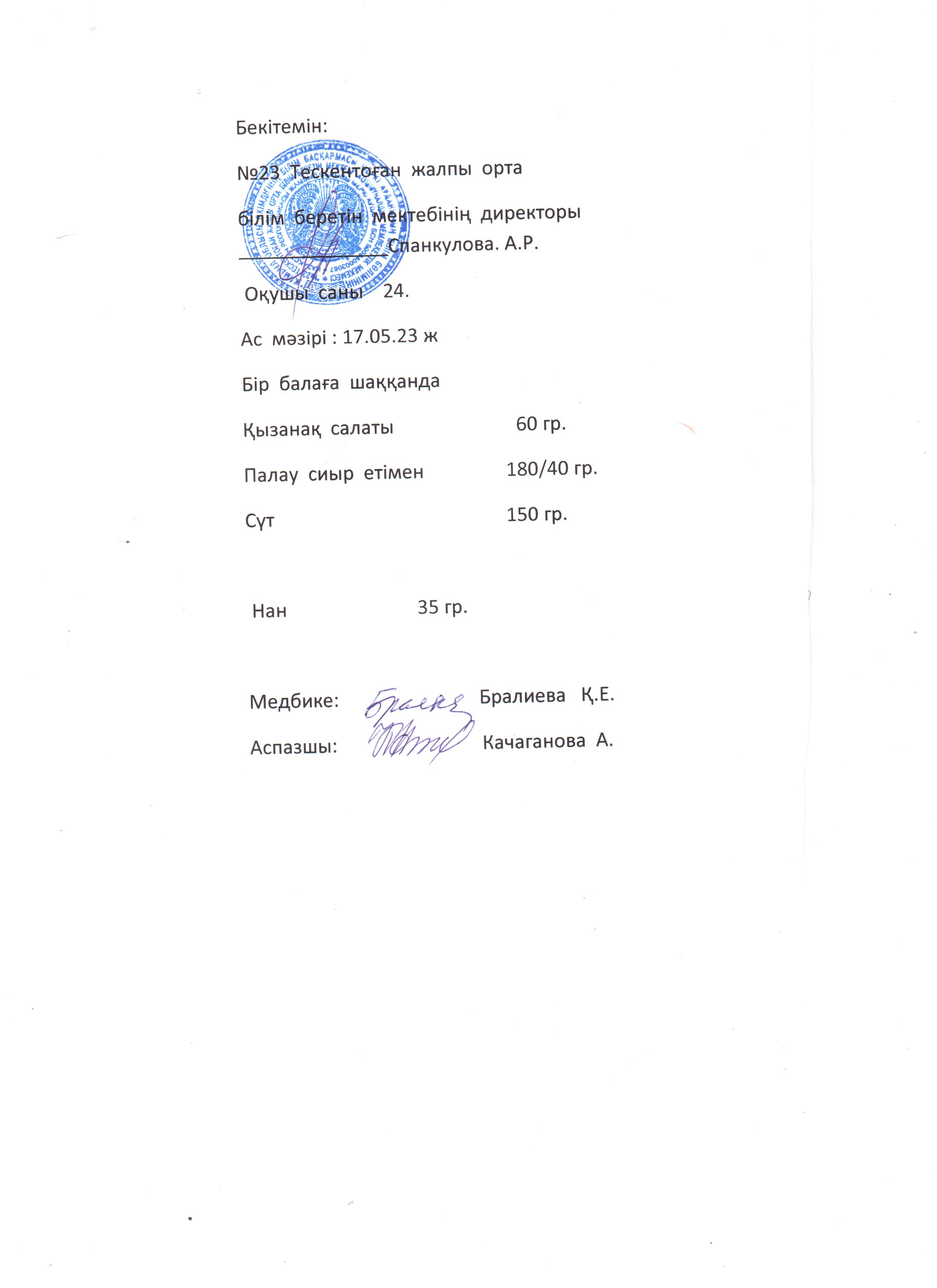 №23 Тескентоған жобб мектебінде 17.05 күнгі ас мәзірі