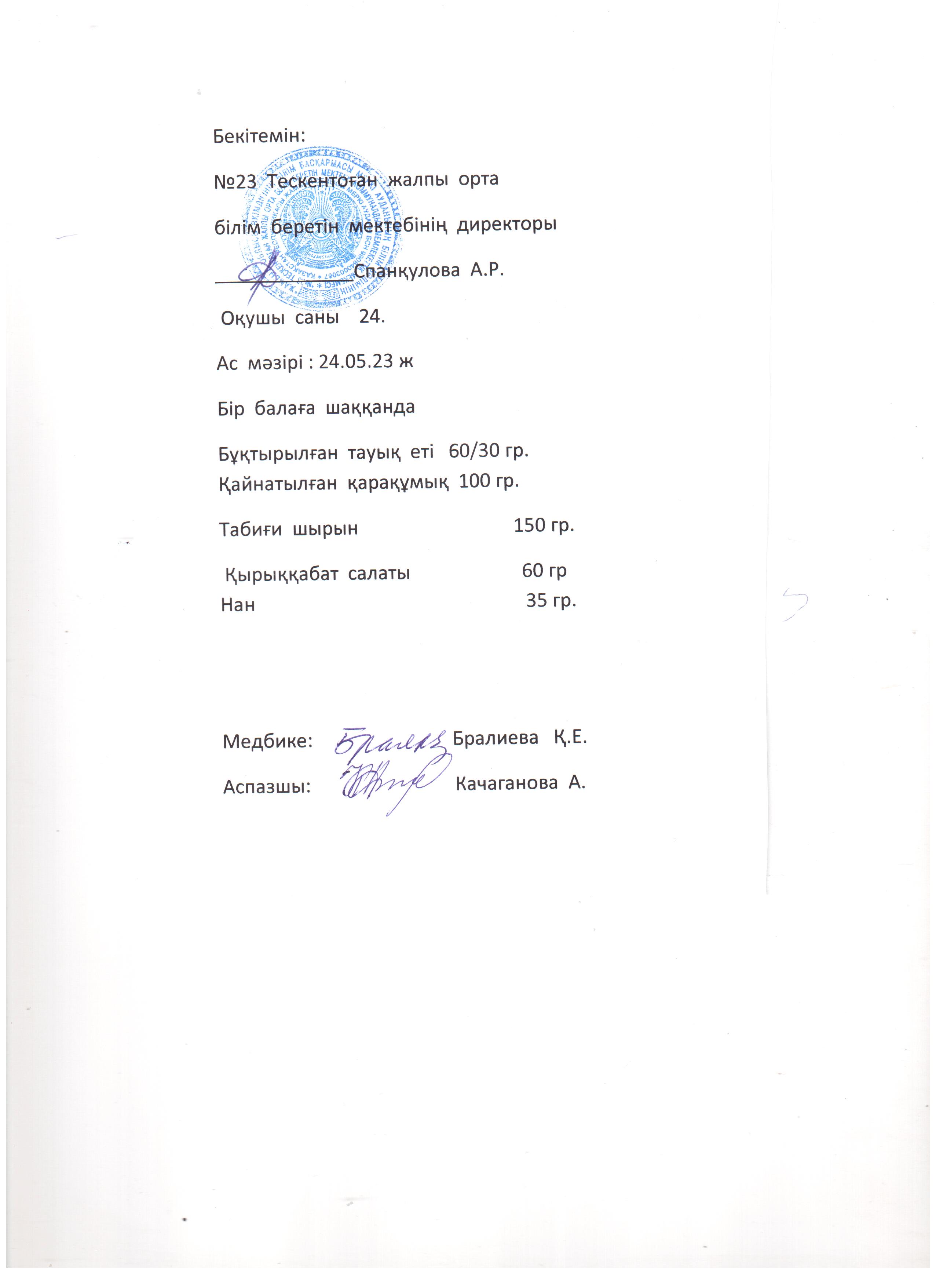 №23 Тескентоған жобб мектебінде 24.05 күнгі ас мәзірі