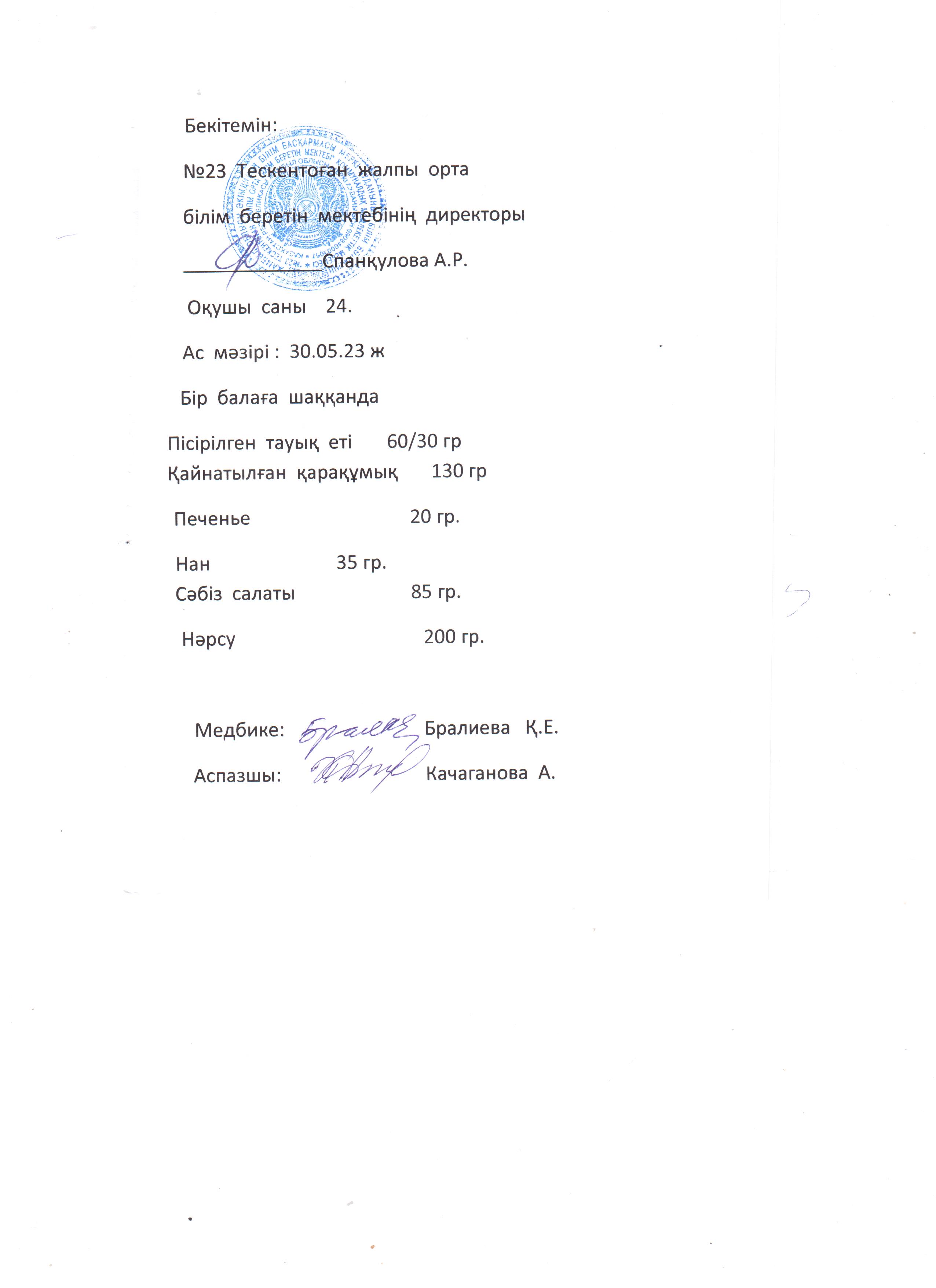 №23 Тескентоған  жоббмектебінде  30.05 күнгі ас мәзірі